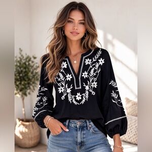 NWOT Joie Black Top with White Floral Embroidery | M